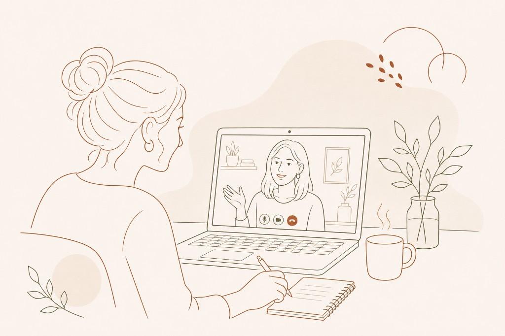 Ilustração: pessoa em consulta nutricional online pelo notebook, em videochamada e anotando