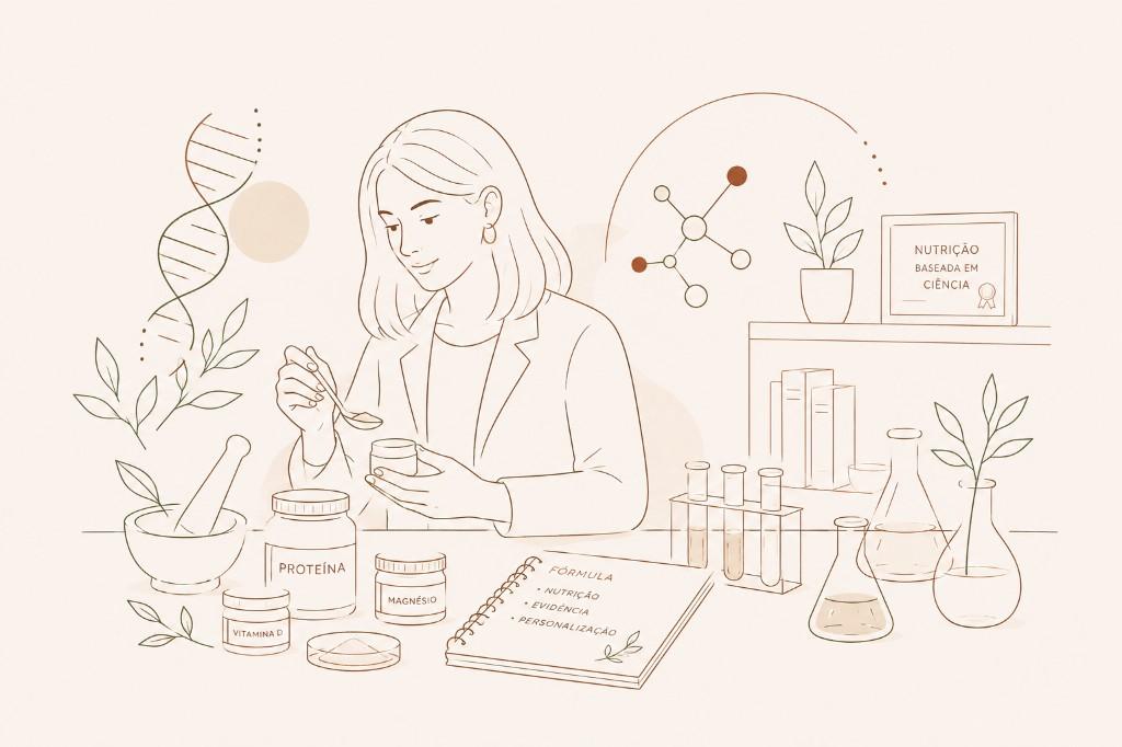 Ilustração: nutricionista avaliando suplementação com base em nutrição, evidência e personalização